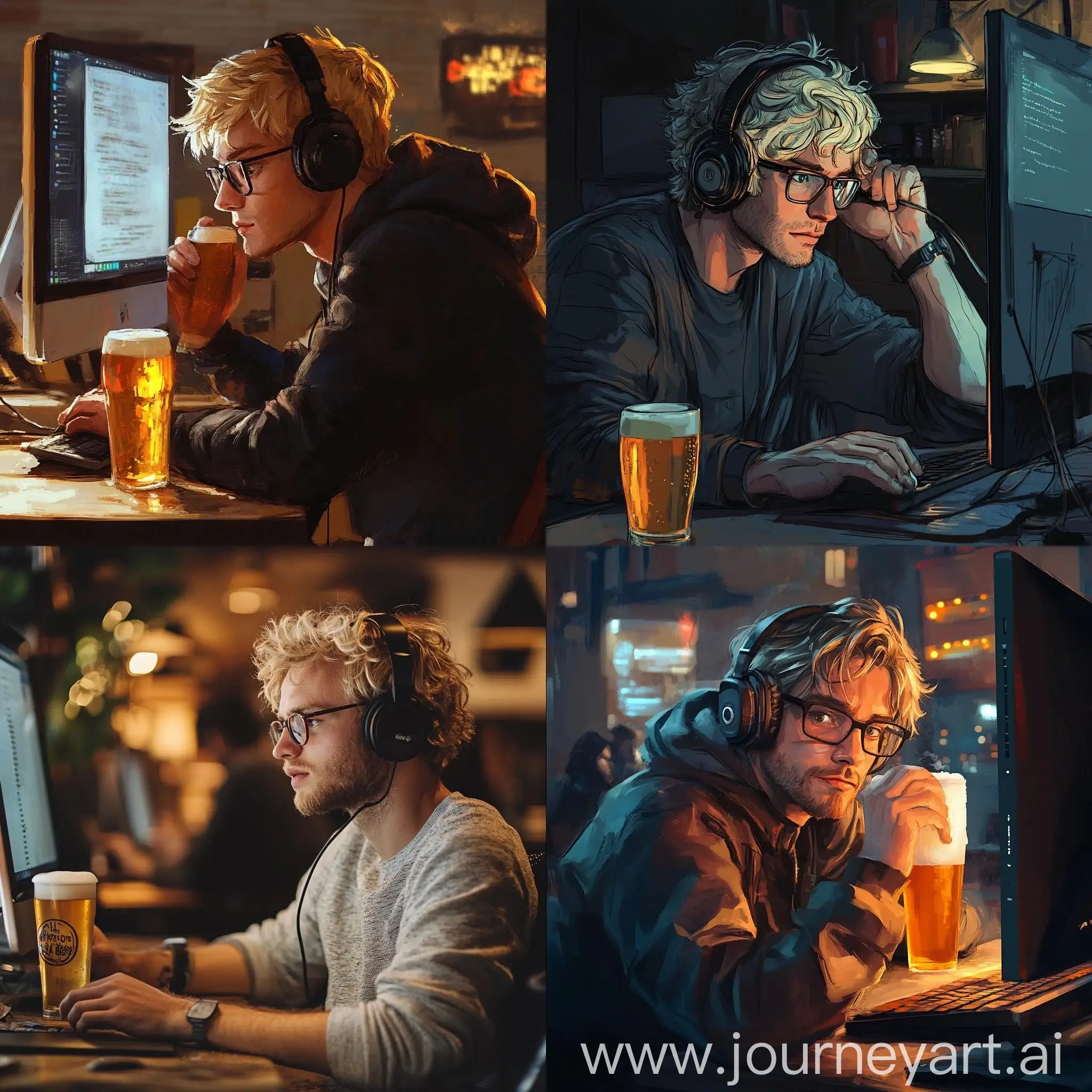 Blond-Man-with-Glasses-Working-on-Computer-with-Headphones-and-Beer