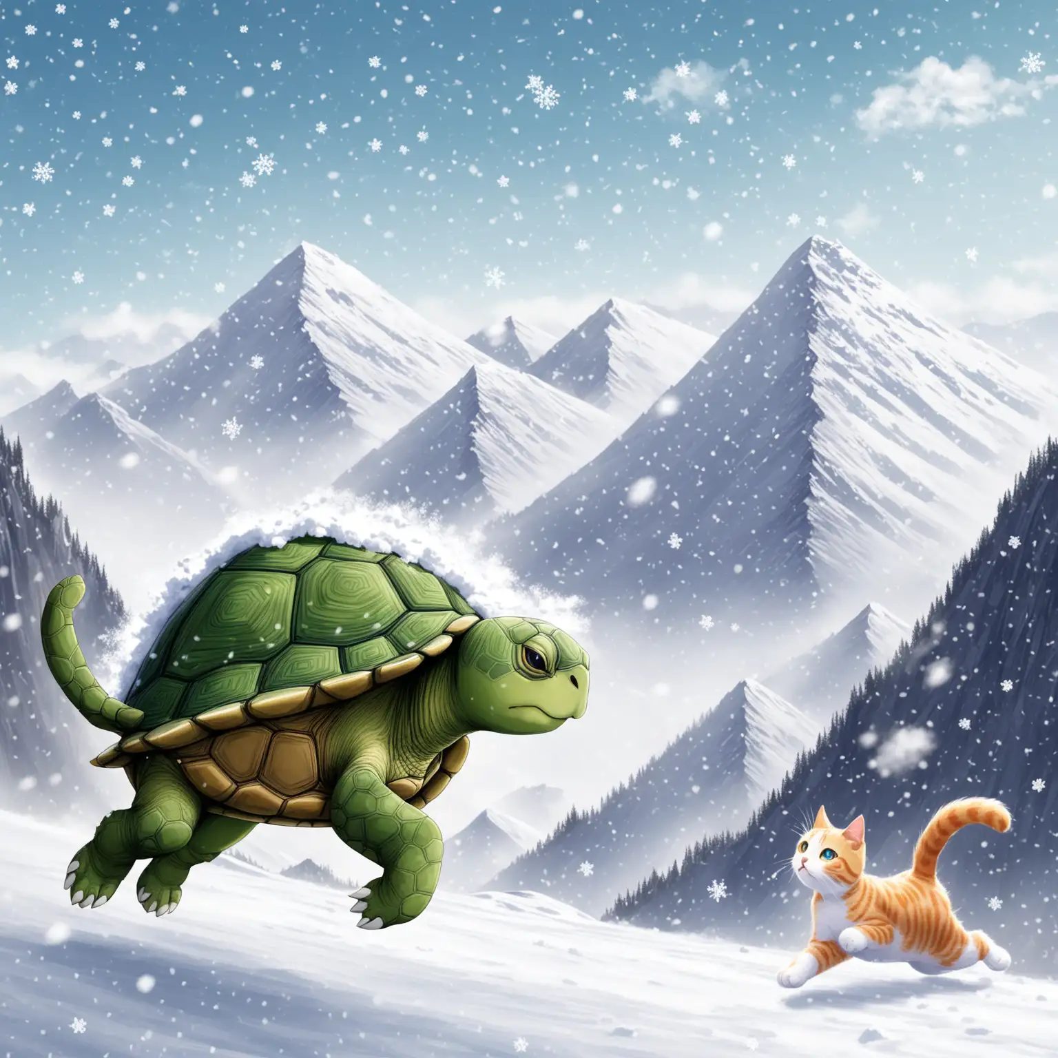 Snowy-Landscape-with-TurtleCat-Running-Towards-the-Mountain