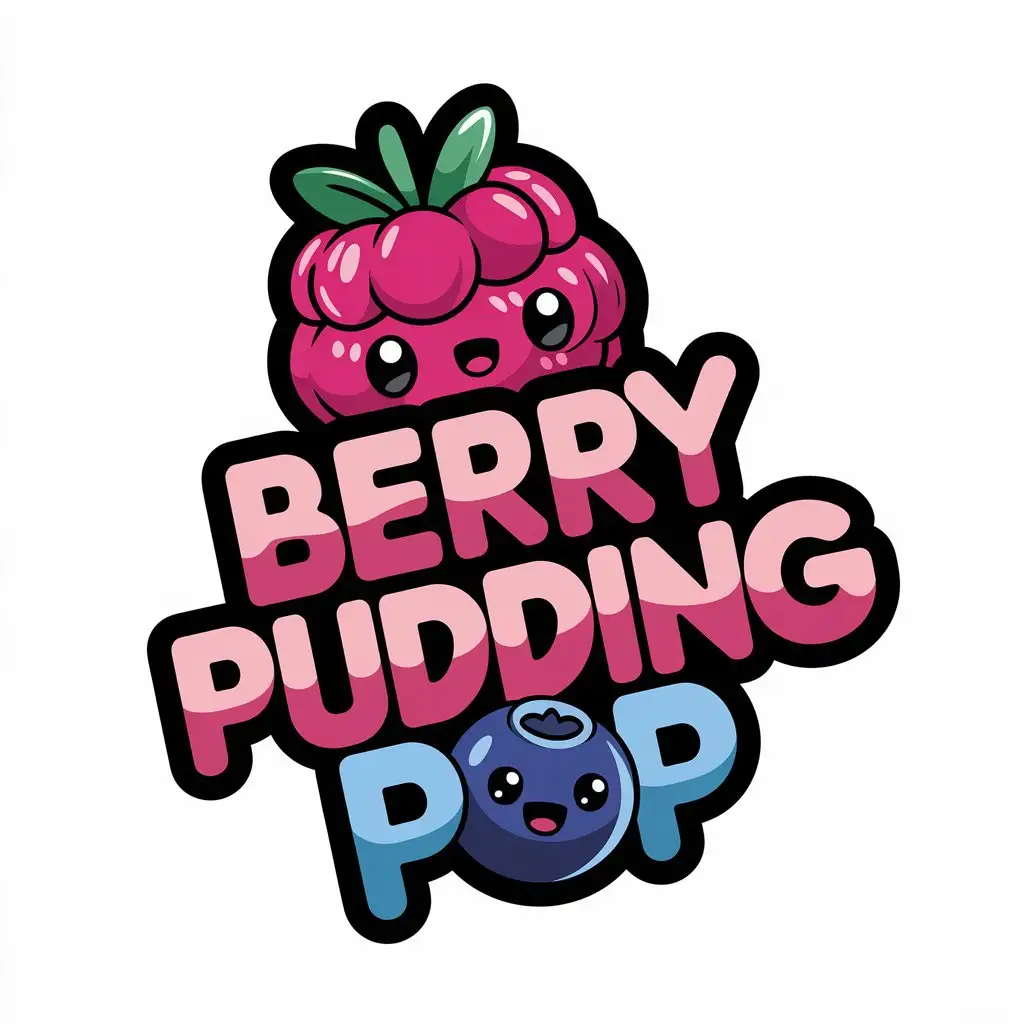 LOGO Design for Berry Pudding Pop Kawaii Raspberry and Blueberry with Magenta Text and White Background