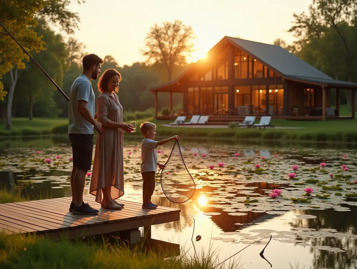 a guy and a girl with their son, holding fishing nets in front of them - they're standing on a wooden terrace made from expensive deck boards painted in mahogany color, the boy uses the net to catch a big fish right out of the pond, they are all happy and communicating, this terrace is located on a grassy shore that's also in the frame, and 10 meters from the terrace starts a pond with very clear water, and on the surface of the pond there are many pink big and small waterlilies and their green leaves, on the other side of this pond stands a single-storey chalet with a two-slope roof, the house is made from a truss frame system, the walls are entirely glass panoramic windows from floor to ceiling, occupying all the space between the truss frame system, the sunset and the sunset lighting, there's a lot of trembling and glare on the water