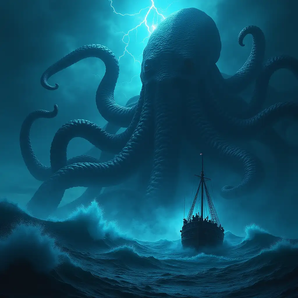 A hyper-realistic 16K resolution image of a colossal kraken rising from the depths of a stormy ocean. The creature's massive tentacles break through towering waves, each covered in bioluminescent patterns that glow eerily in the darkness. Lightning illuminates the chaotic scene, revealing terrified sailors on a ship struggling against the monstrous sea beast. The atmosphere is intense and dramatic, blending ancient myth with a modern cinematic aesthetic.