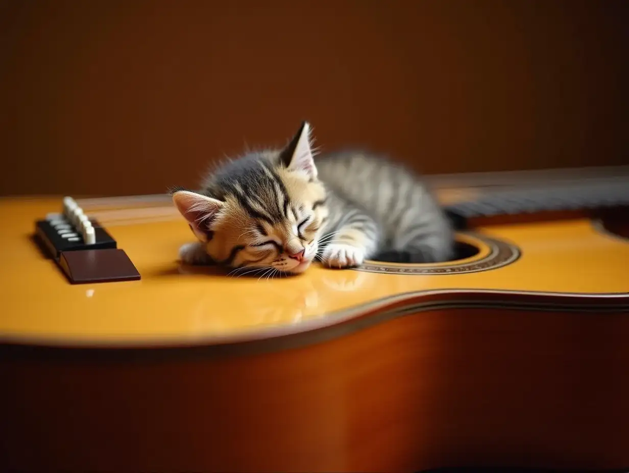 Fluffy-Kitten-Sleeping-on-Acoustic-Guitar-in-Serene-Cozy-Setting