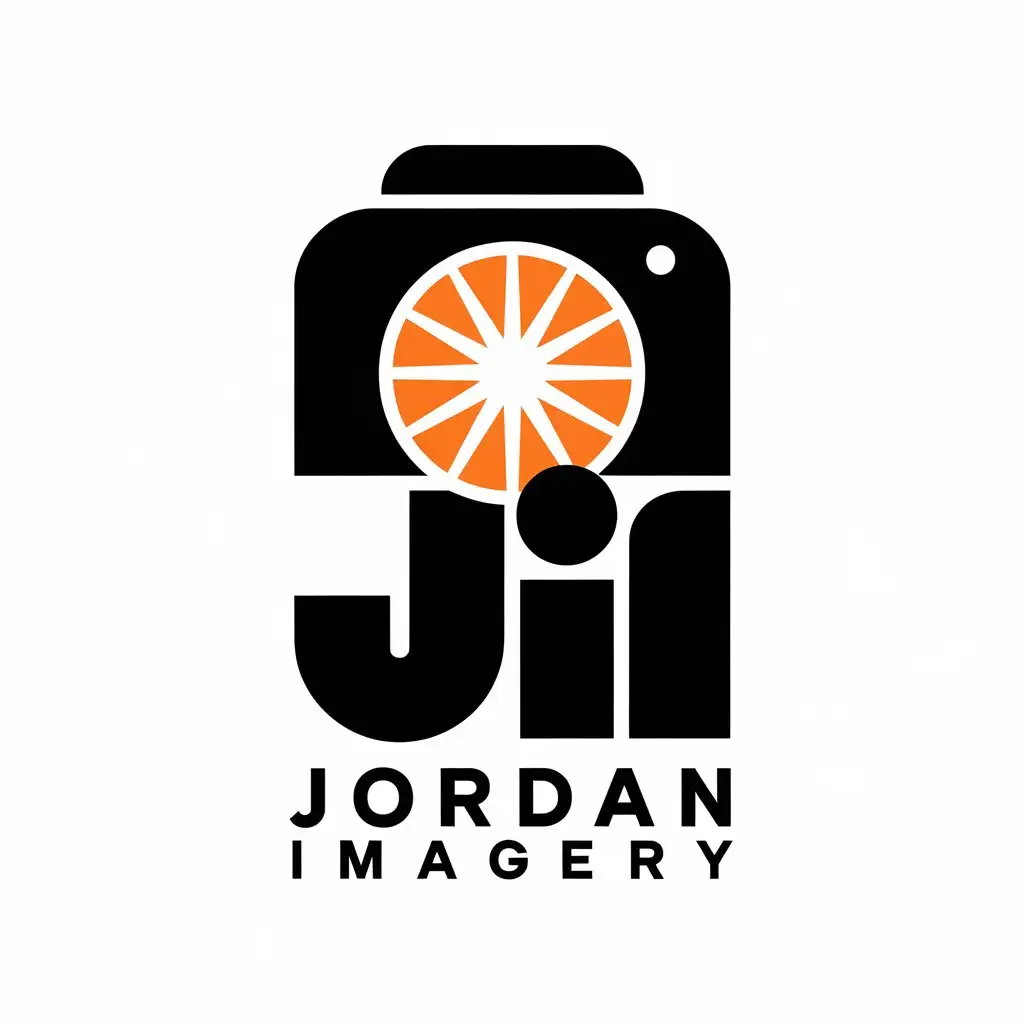 LOGO Design for Jordan Imagery Stylized JI with Camera and Radiating Sunburst Effect in Orange and White