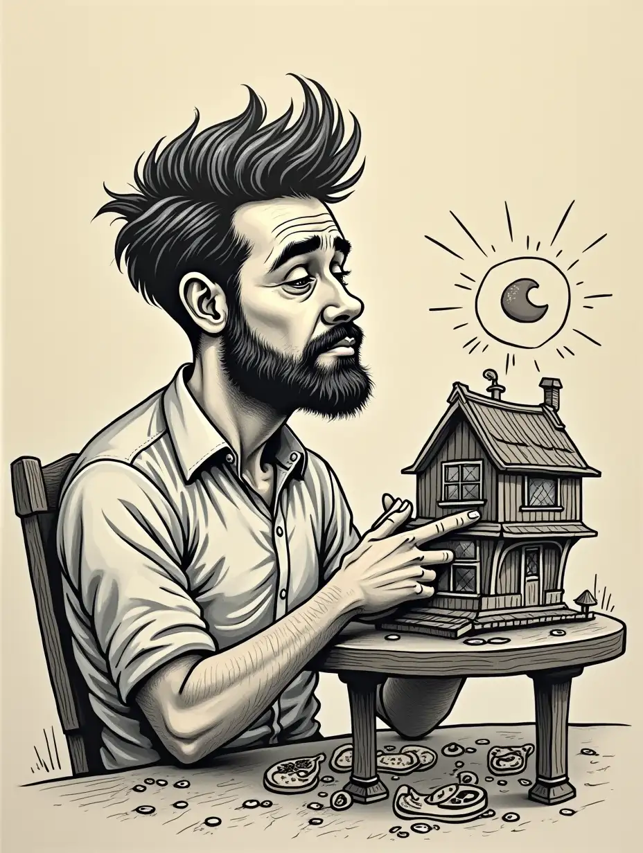 A disappointed man works a lot, but he dreams of an expensive house, but he doesn't have enough money. Illustrating financial problem. Drawing in the style of old tattoos