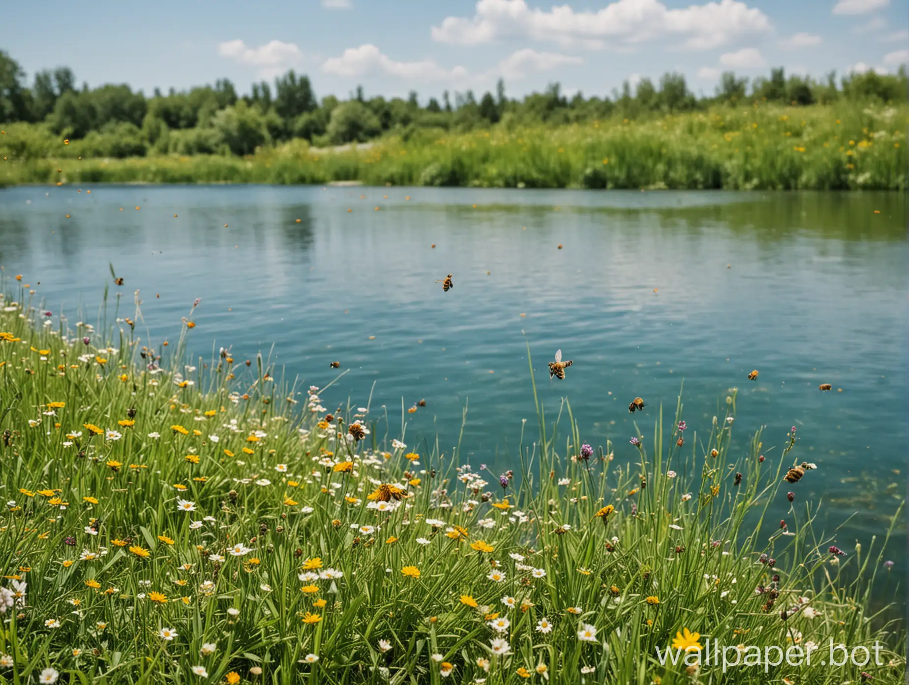 green grass with some flowers and bees. in the background is a lake with blue water