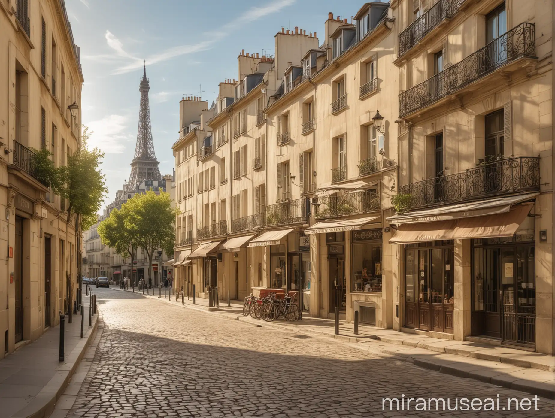 Sunlit Parisian Street with Old Beige Buildings and Eiffel Tower