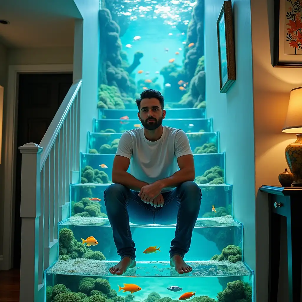 a man facing camera wearing jeans and a white t-shirt is sitting on an aquarium staircase with no railings in a small home. the glass steps are filled with vibrant, colorful fish swimming inside, creating a unique and surreal scene . the cozy , intimate setting of the home.