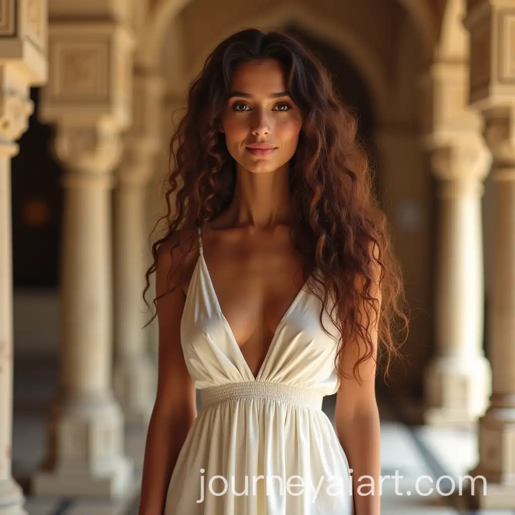 Young-European-Woman-in-White-Dress-Inside-Indian-Palace