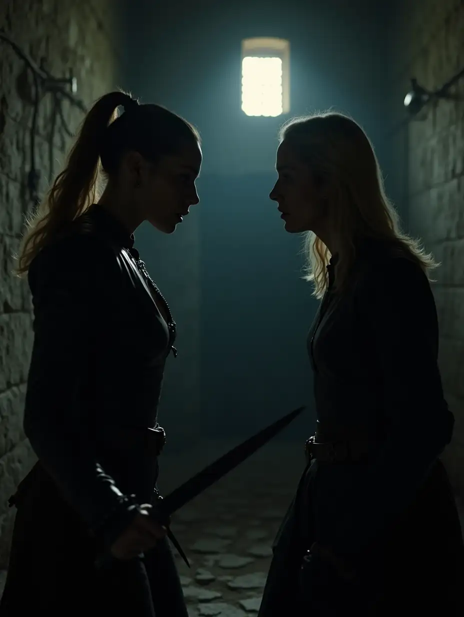 An epic 17th century scene featuring a beautiful warrior woman in black leather suit, pony tail, ready to attack with knife a Spanish prisoner, in the middle of the night, big surprise, motion, cell in the prison, only moon light comes from the little window above, close cinematic view on expression of faces