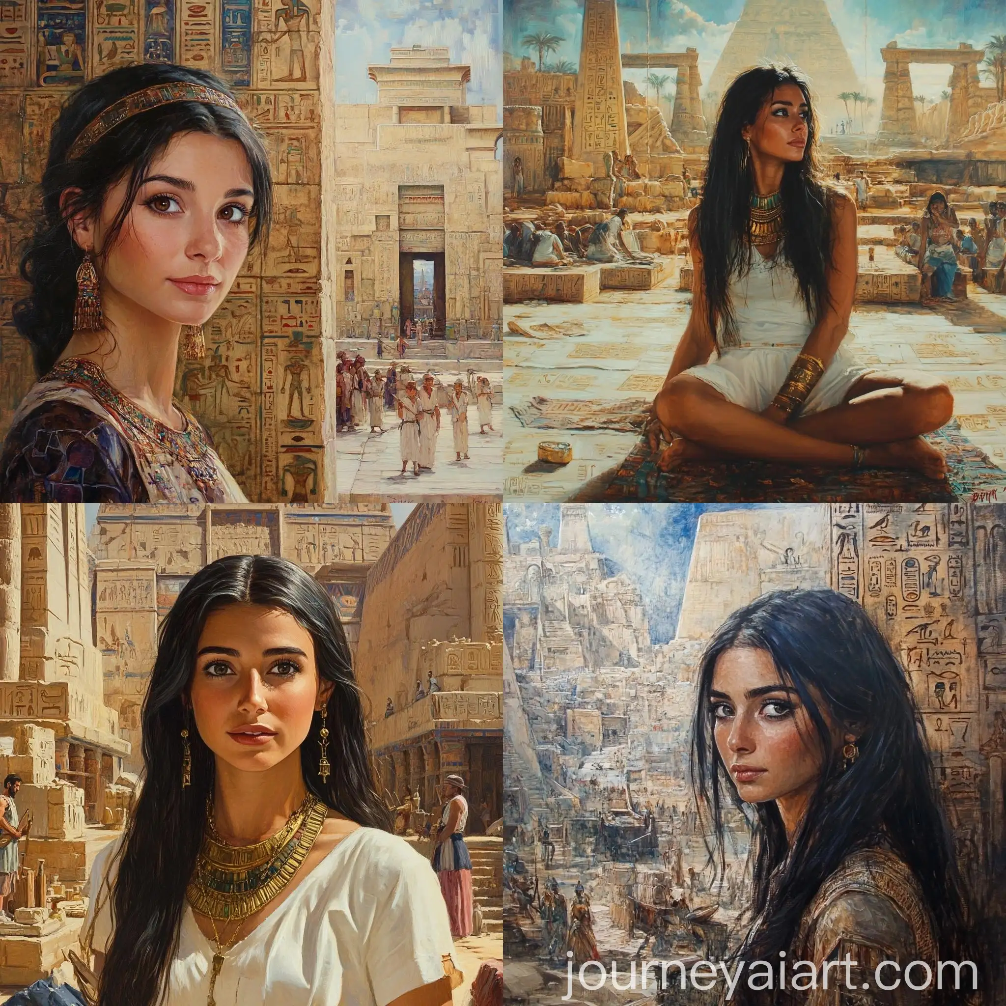 Pharaonic-Lady-Surrounded-by-Hieroglyphic-Drawings-and-Temples-in-Oil-Painting