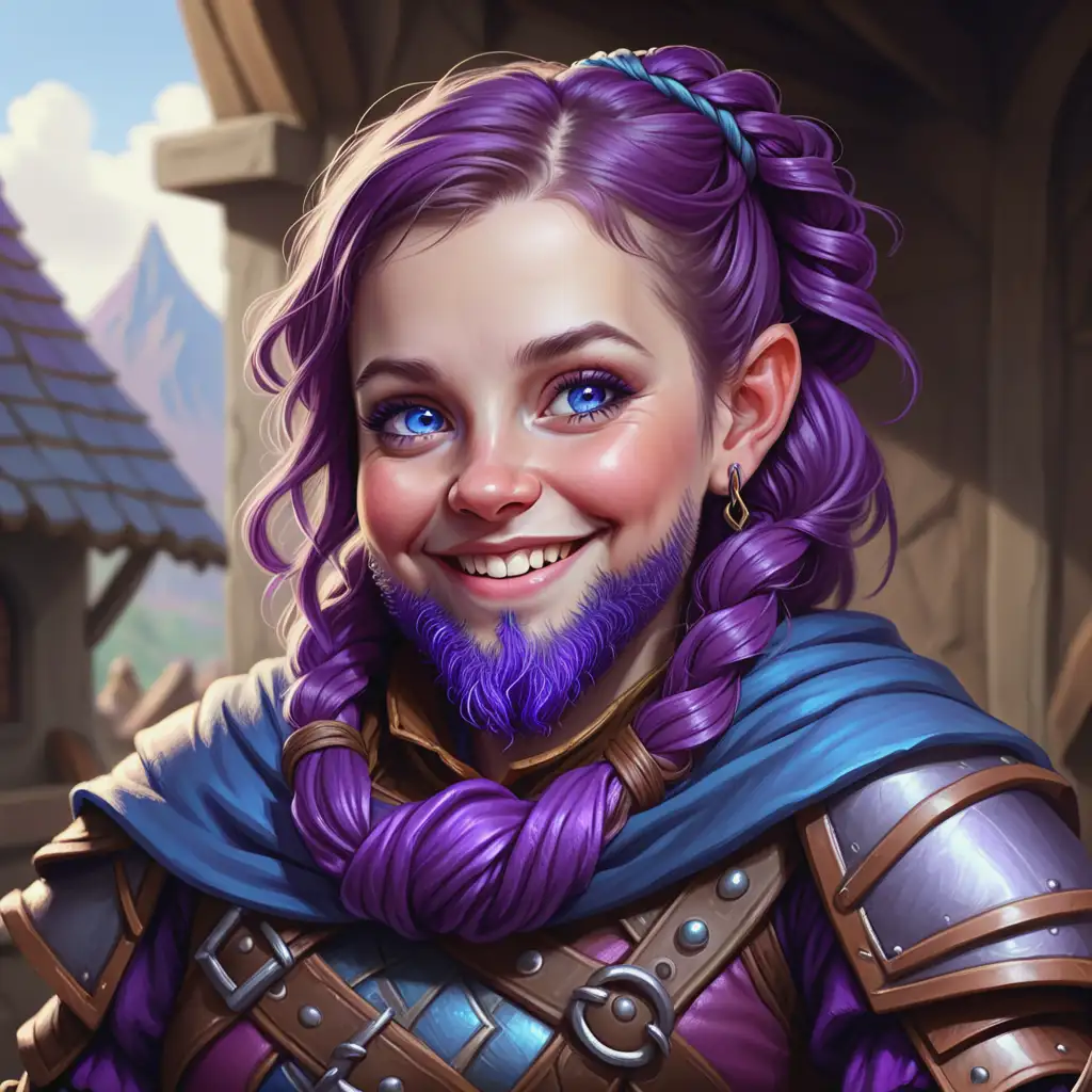 Portrait of a Dwarf Bard Woman with a Purple Knotted Beard