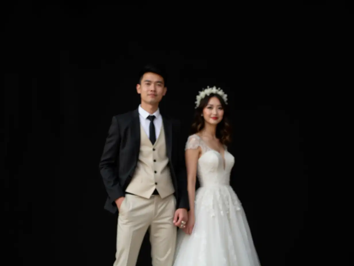 A young Chinese couple's wedding photo, male in black suit, female in white wedding dress, full body shot, background is black