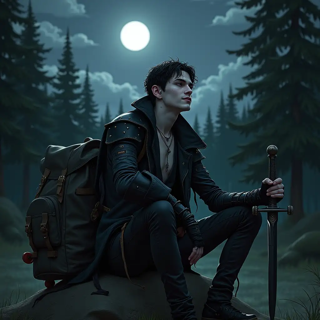 A male human vampire with a strong emo and aristocratic esthetic. His one hand is resting on a skateboard and he holds a rapier in the other. He wears leather armor over a button up shirt. He has black eyes and pale skin. He has piercings on his ears and face. He wears spiky armguards. His style is emo. He wears black eye shadow. He is sitting on a rock, smirking slightly. A big traveler's backpack sits on the ground beside him. He is looking up to the sky. He is standing in a clearing of a dense forest. It is night, and the moon is shining high in the sky. Some clouds are visible.