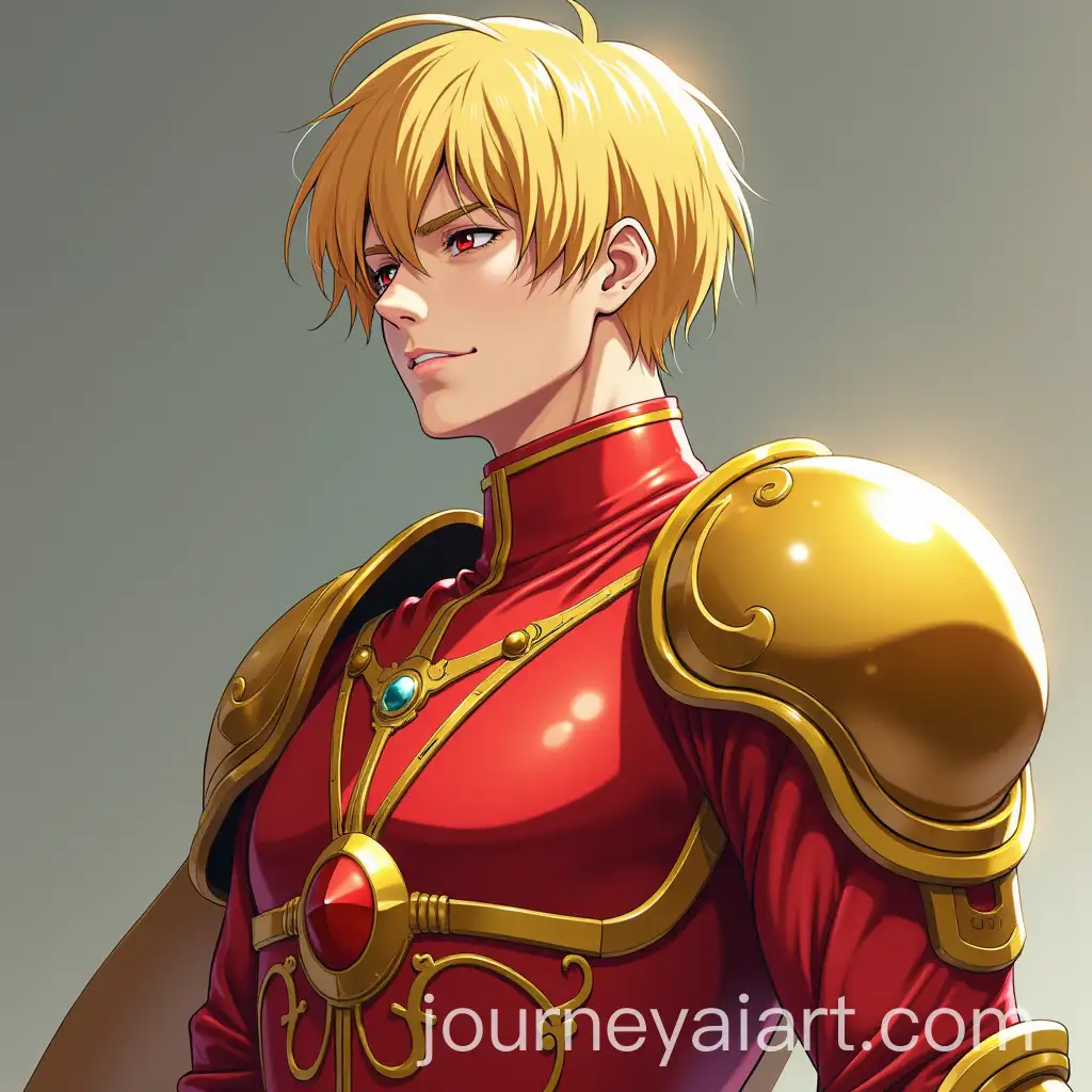 Noble-Man-with-90s-Anime-Robotic-Arms-in-Red-and-Gold-Attire