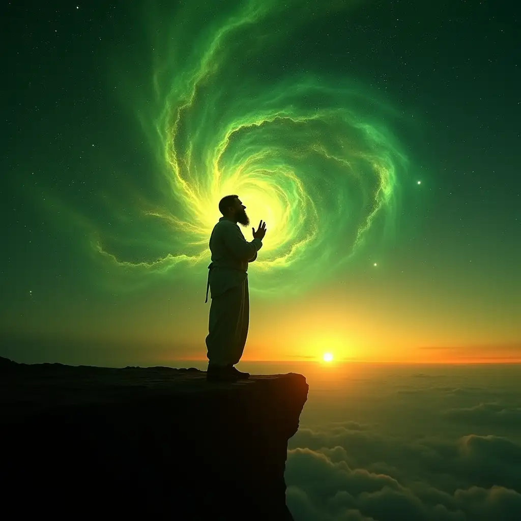 Create a striking image of a silhouette of a bearded man throat singing, standing on the edge of a cliff at sunset, with the vastness of the universe in the background. The man’s posture should be strong and grounded, as if channeling deep energy. The sky is filled with swirling cosmic elements and distant stars, blending seamlessly into the horizon. The scene should evoke a sense of connection between the earth and the cosmos, with the universe expanding beyond. Use green and gold as the prominent colors in the scene: the sunset should bathe the sky in warm golden hues, and the cosmic elements should have a rich, ethereal green glow, enhancing the sense of spiritual energy. The cliff and man should be silhouetted, emphasizing the powerful act of throat singing amidst the infinite universe. The overall mood should be one of deep, mystical connection, awe, and serenity.