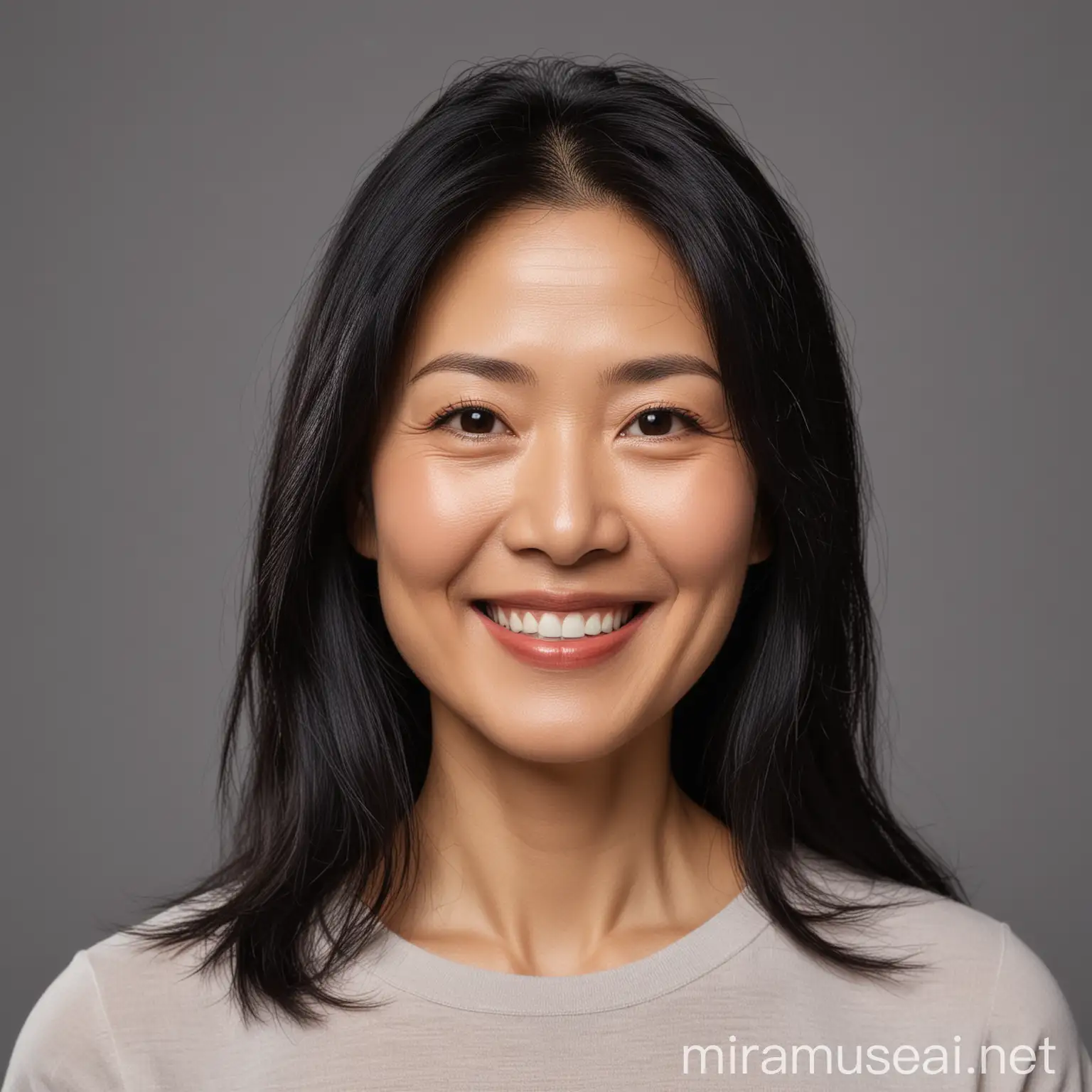 Smiling MiddleAged East Asian Woman with Long Black Hair