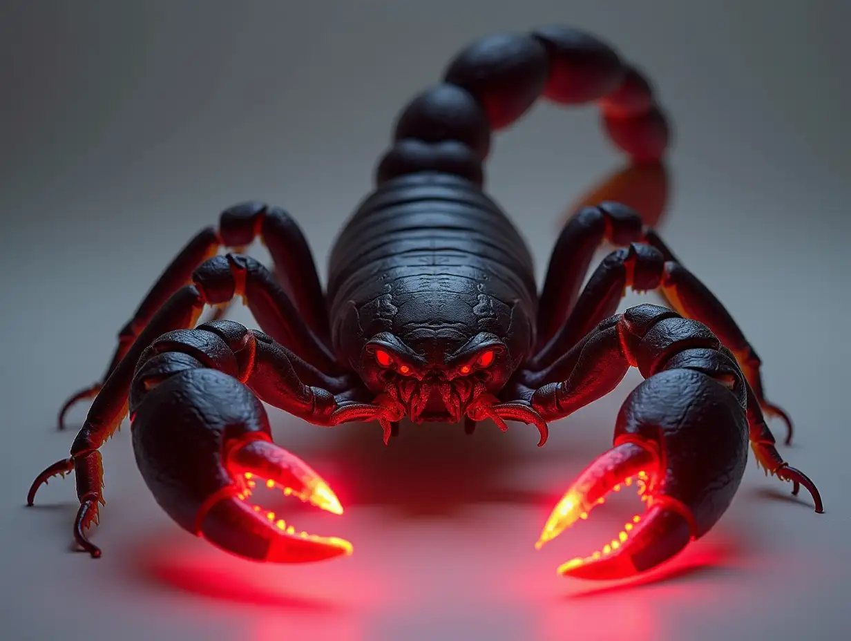 draw scorpion, black body, red luminated details, animated red glowing tongs and sting, front view