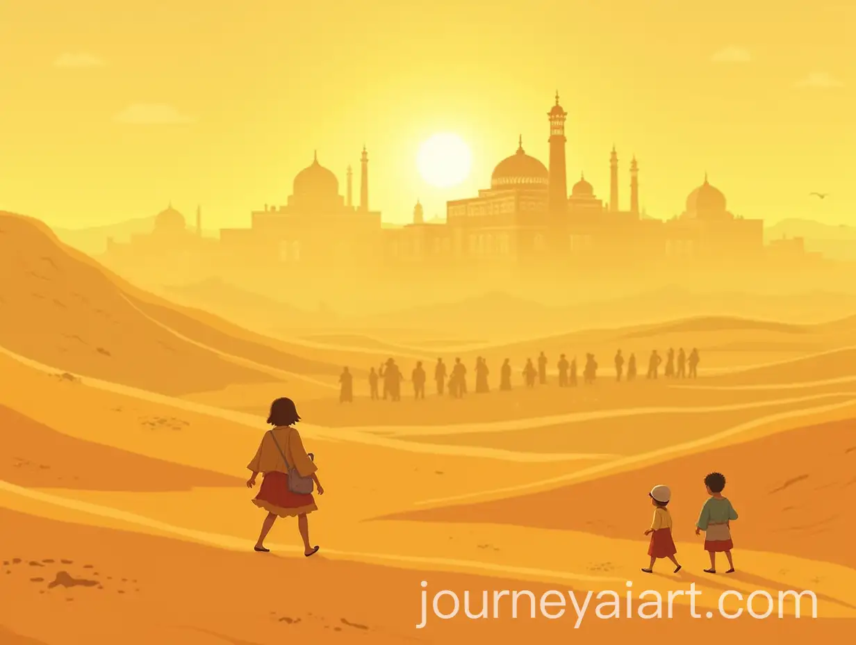 Children-Journeying-Through-a-Desert-to-an-IslamicStyle-Station