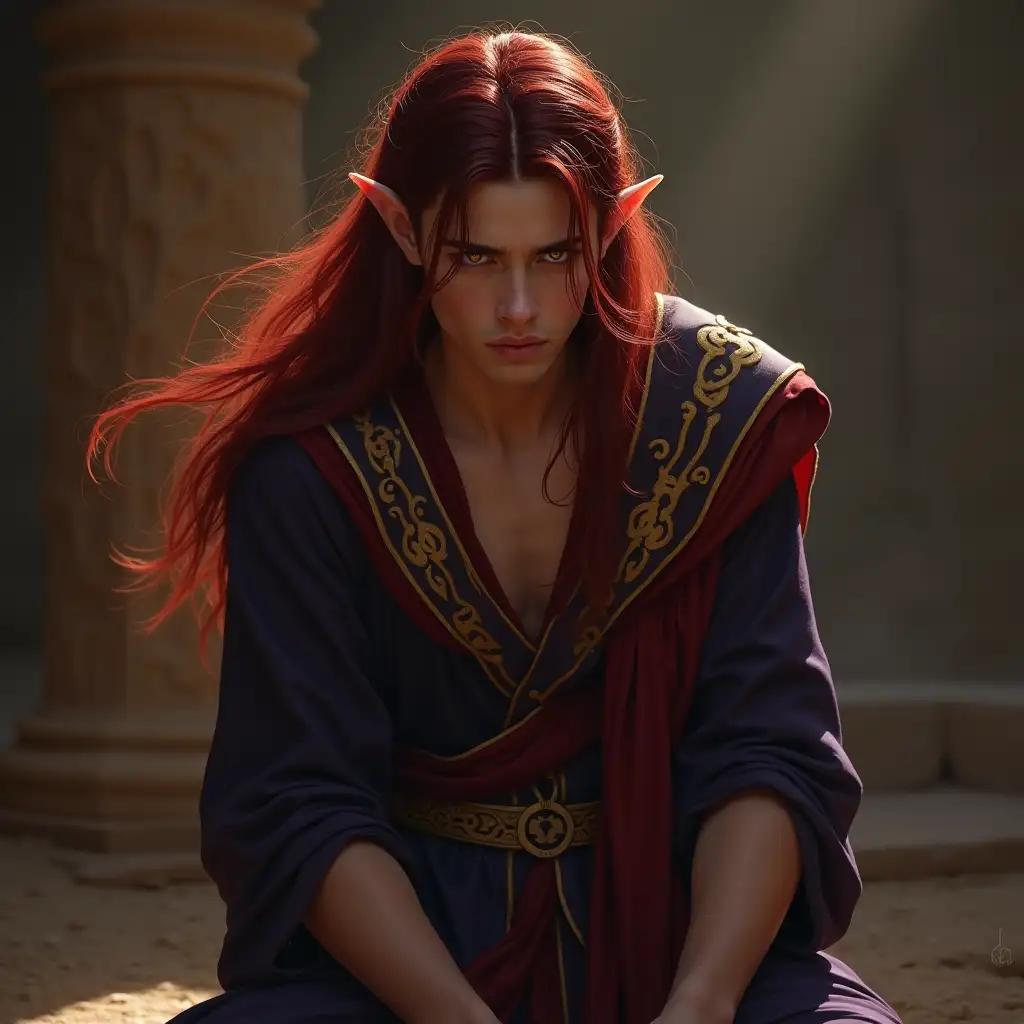 Fantasy Elf Prince in Egyptian Priest Robes Begging for Mercy Under Dark Elf Guard