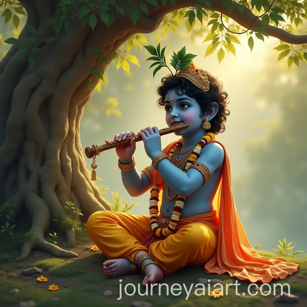 Krishna-Playing-Flute-Under-a-Tree-in-Serene-Setting