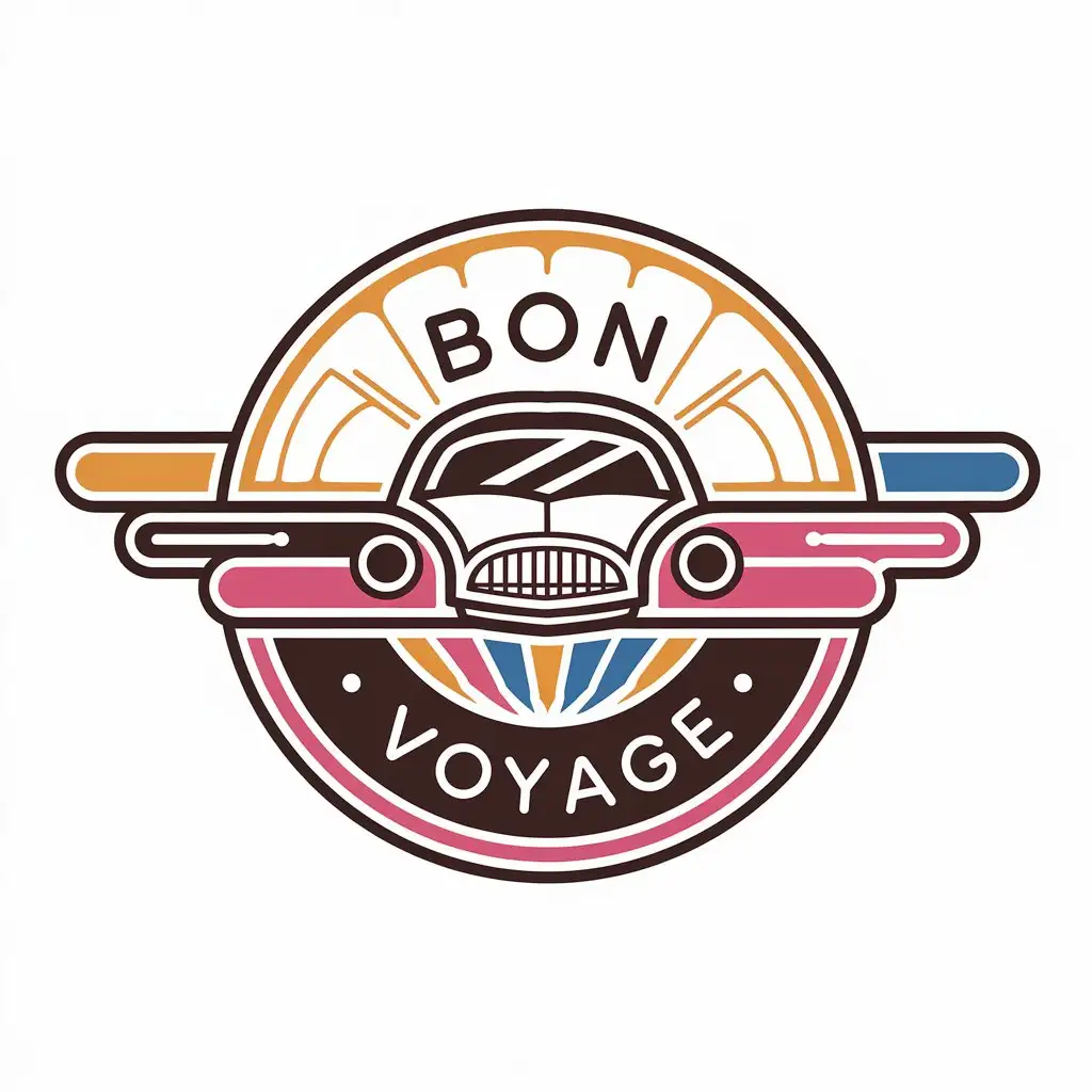 a vector logo design,with the text "BON VOYAGE", main symbol:car，colorful，japanese style,Minimalistic,be used in Travel industry,clear background