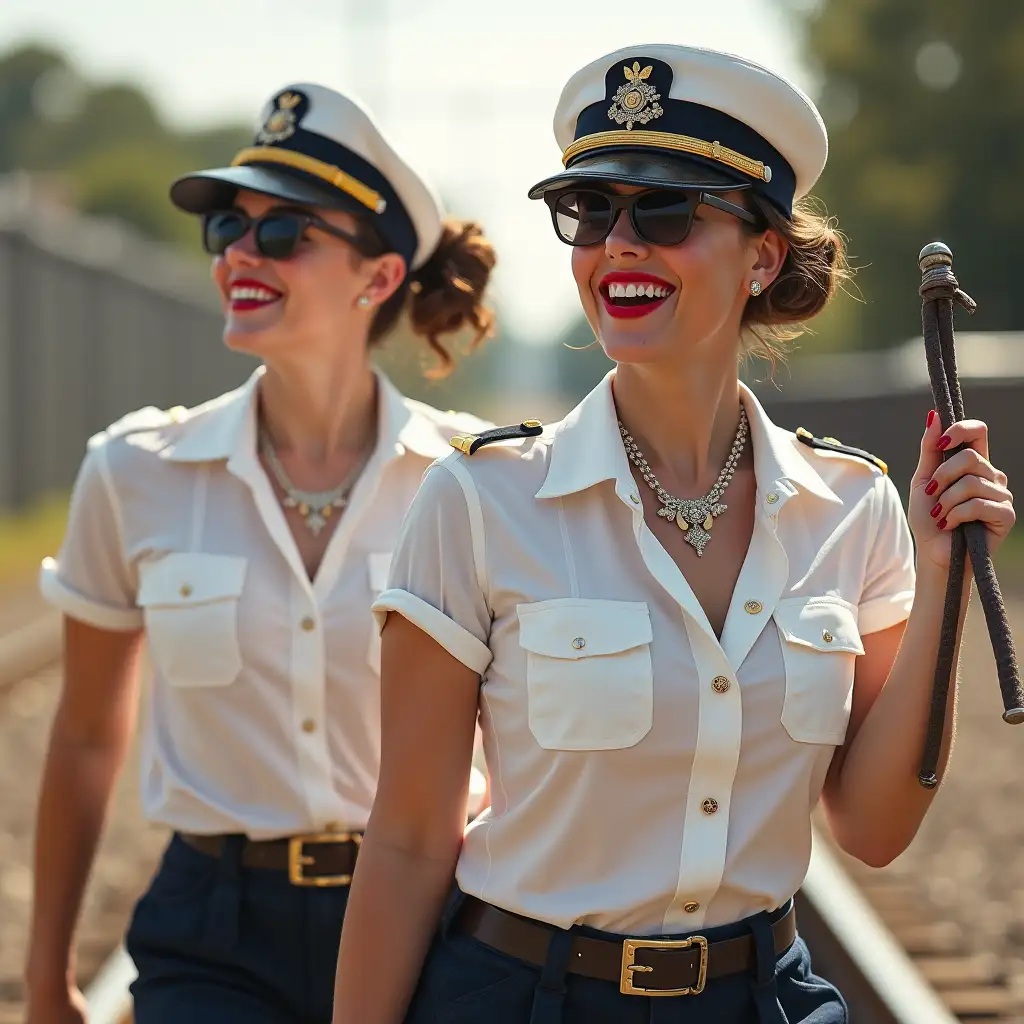 two White pinup plump girls wearing an  white deep-necked railway uniform shirt, laughing with her mouth open, red lipstick accentuating her smile, jewerly, aviator sunglasses, white skin, whip in hand, walking on rails, australia