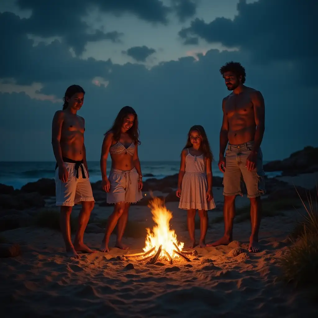 family of 2 parents and 2 daughters stranded on an island, around a campfire, ripped and missing clothes