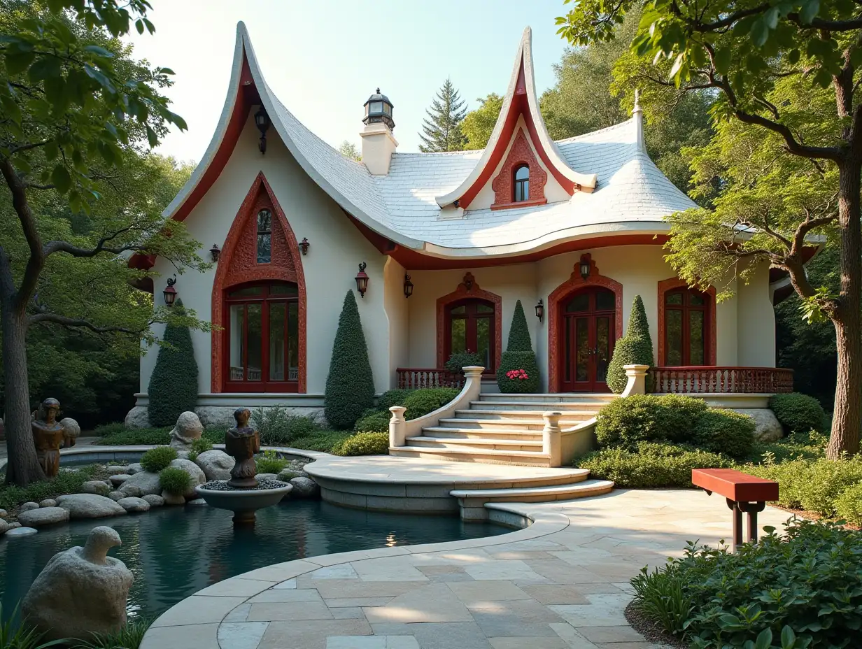 crooked house garden -with bronze Statues with red ornamentation in the form of triangular patterns, white roof, large windows with glass, curved, rough window shapes, winding grand entrance stairs made of marble a small waterfall complex curved roof, lanterns, bench apple tree 4K resolution colorful super wide-angle shots