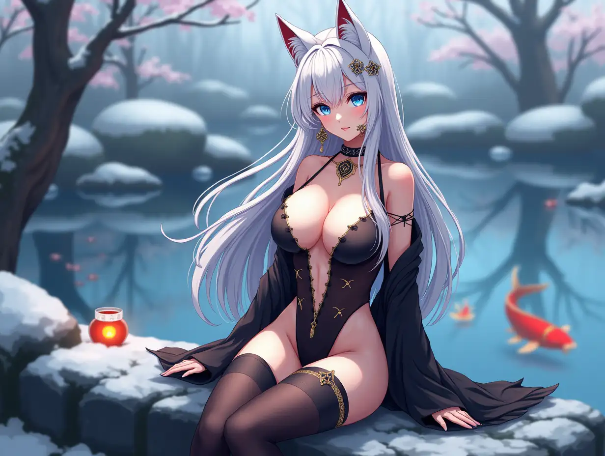 Anime mature adult woman with an hourglass body who looks like she is in her 30's with big breast, extreme cleavage, blue eyes, black and gold earrings, a choker around her neck, long white hair and white cat ears on her head. She is in a extremely revealing Miko outfit in the spring time sitting by a koi fish pond. The background is snowing with Japanese trees blowing in the wind. She light up small laterns for the event tonight.