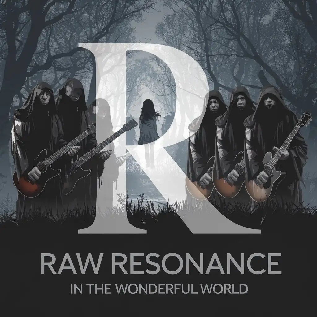 LOGO Design for Raw Resonance In The Wonderful World Grim Dark Forest with Monks and Ghost Theme