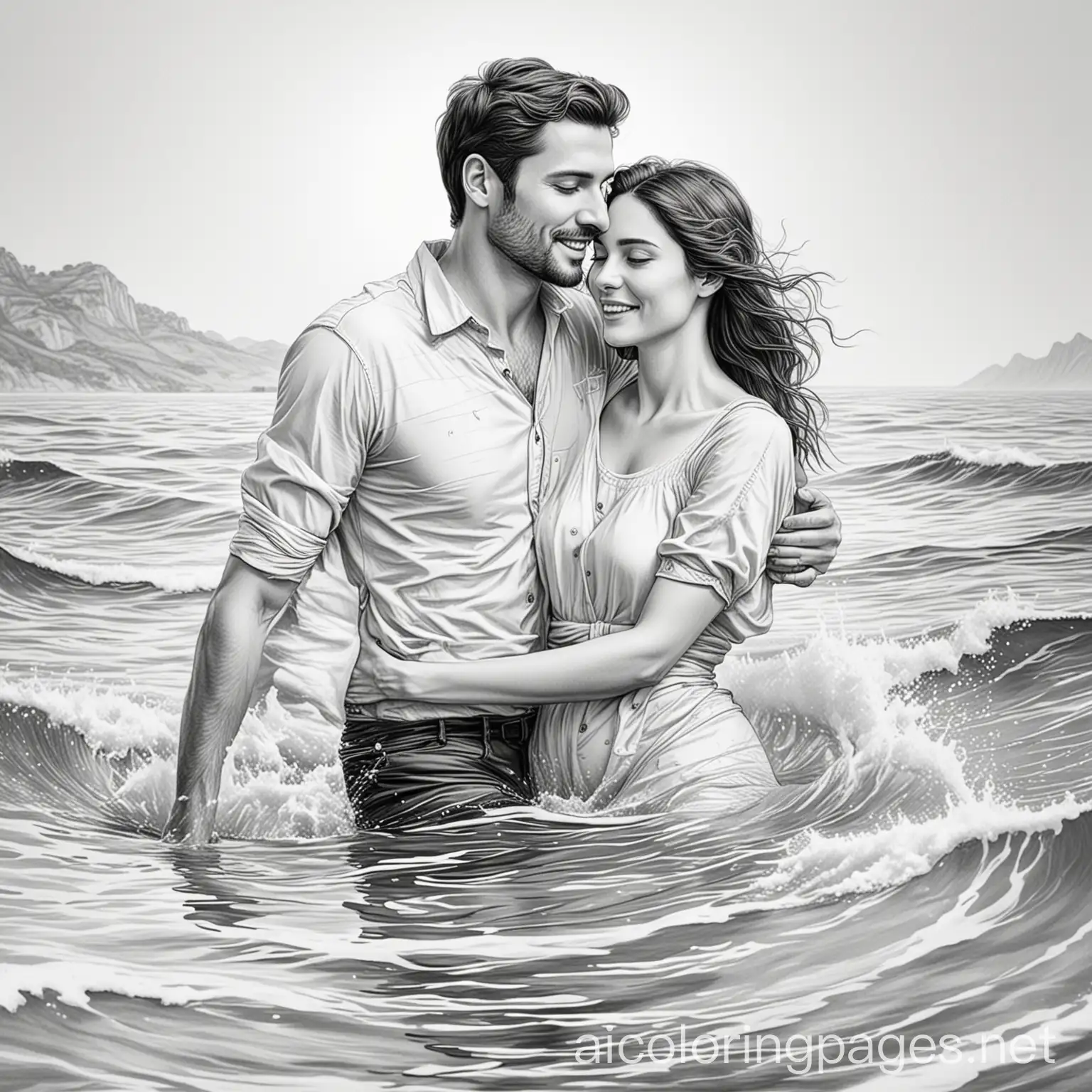 realistic drawing husband holding his wife in the sea, Coloring Page, black and white, line art, white background, Simplicity, Ample White Space. The background of the coloring page is plain white to make it easy for young children to color within the lines. The outlines of all the subjects are easy to distinguish, making it simple for kids to color without too much difficulty