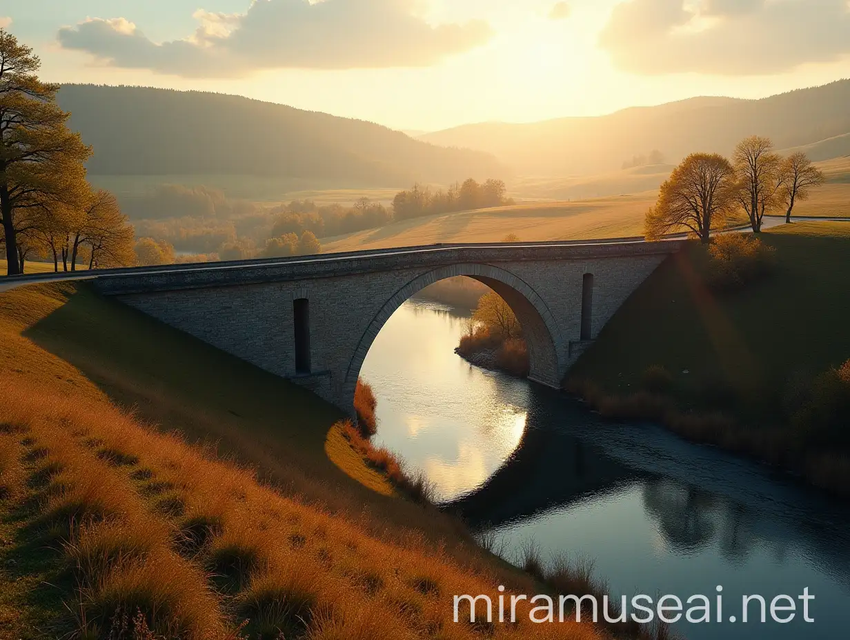 Massive Stone Bridge Over Quiet River in Rural Landscape