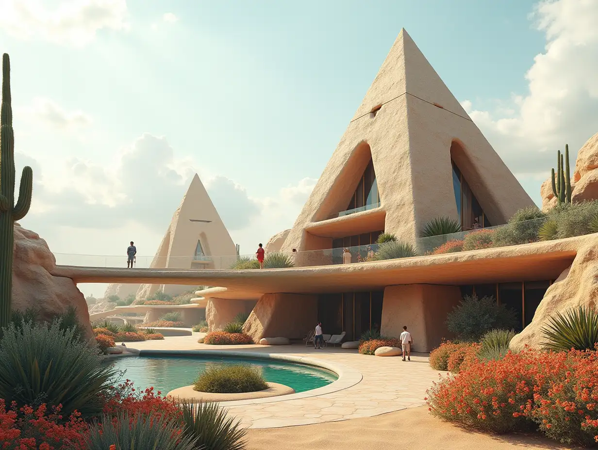 Create a high-resolution, realistic panorama image of a futuristic terrace building with window pyramid house with bridge, one and one with people, many plants and colorful flowers White and brown facades before the desert oasis, large trees, very cloudy sky