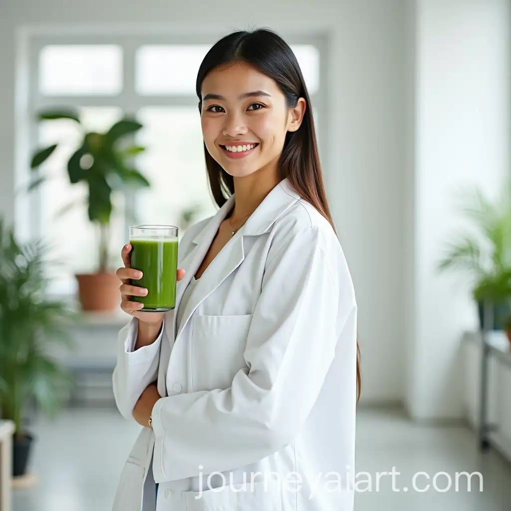 Confident-Young-Woman-in-Lab-Coat-Holding-Green-Drink-in-Modern-Health-Office