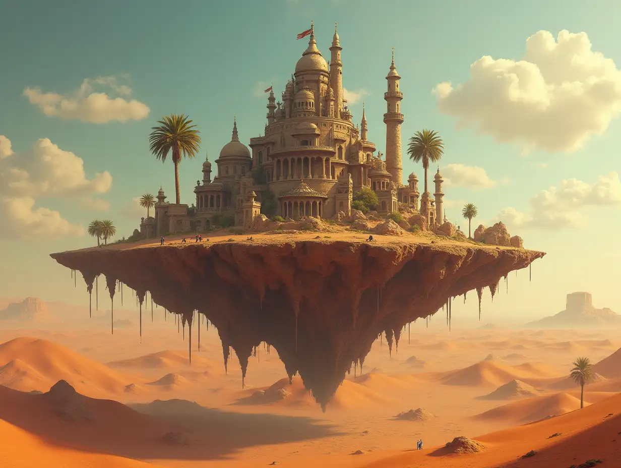 A world of fantasy with a floating island in the middle in the Sahara Steampunk