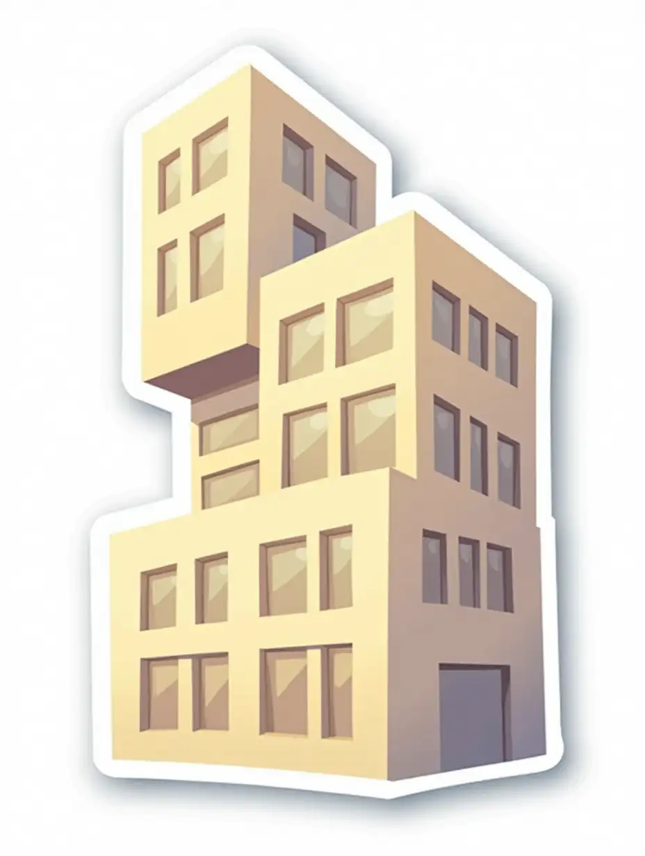 A curvilinearly cut sticker depicting a sand-colored office building with lots of square windows on the facade. There is a projection in the form of a square column on the wall of the building, this projection is higher than the main building. the first floor is higher than the rest of the floors. Vibrant and dynamic die cut sticker design top-view, high resolution, vector art, white background, paint in anime style