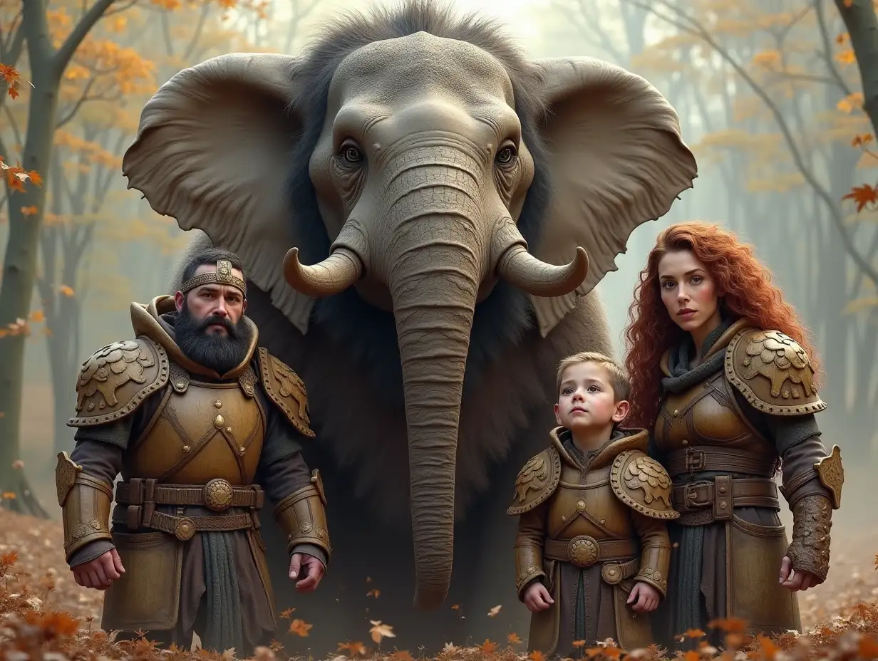 Ki-Fantasy family,Man,Woman, and Children, giant elephant face with beard and wooden armor equipment