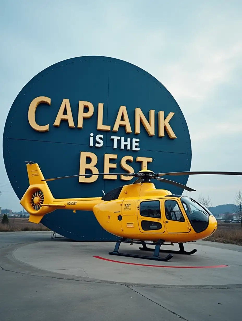 A dark blue helipad and the yellow helikopter with big letter 'CAPLANK IS THE BEST'