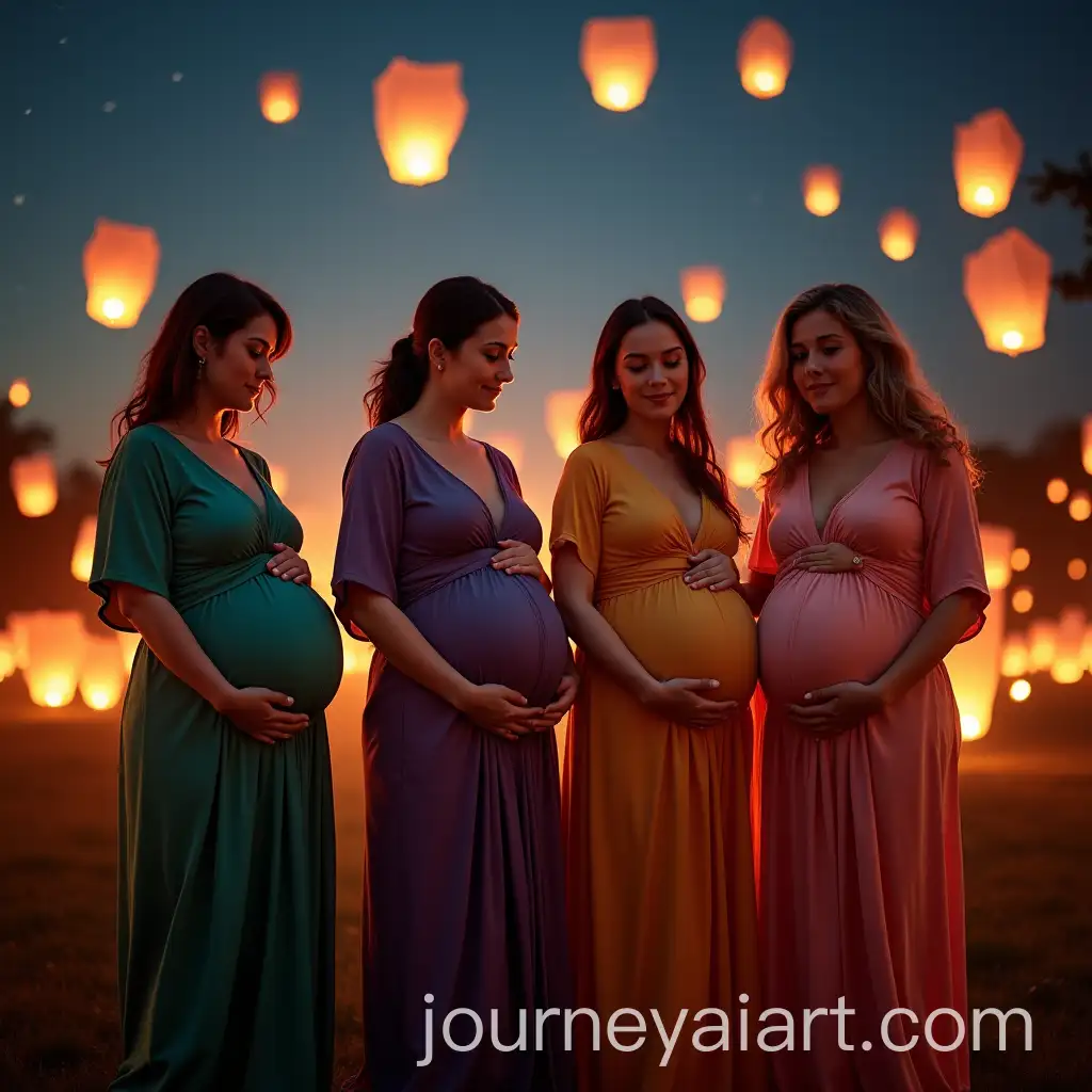 Four-Pregnant-Women-Releasing-Lanterns-at-Twilight-Festival-Under-Starry-Sky