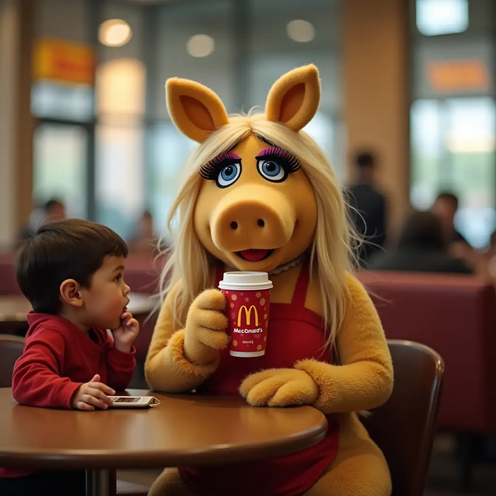 Miss Piggy drinking a cup of coffee from McDonald's while she is sitting in a public room with a little boy