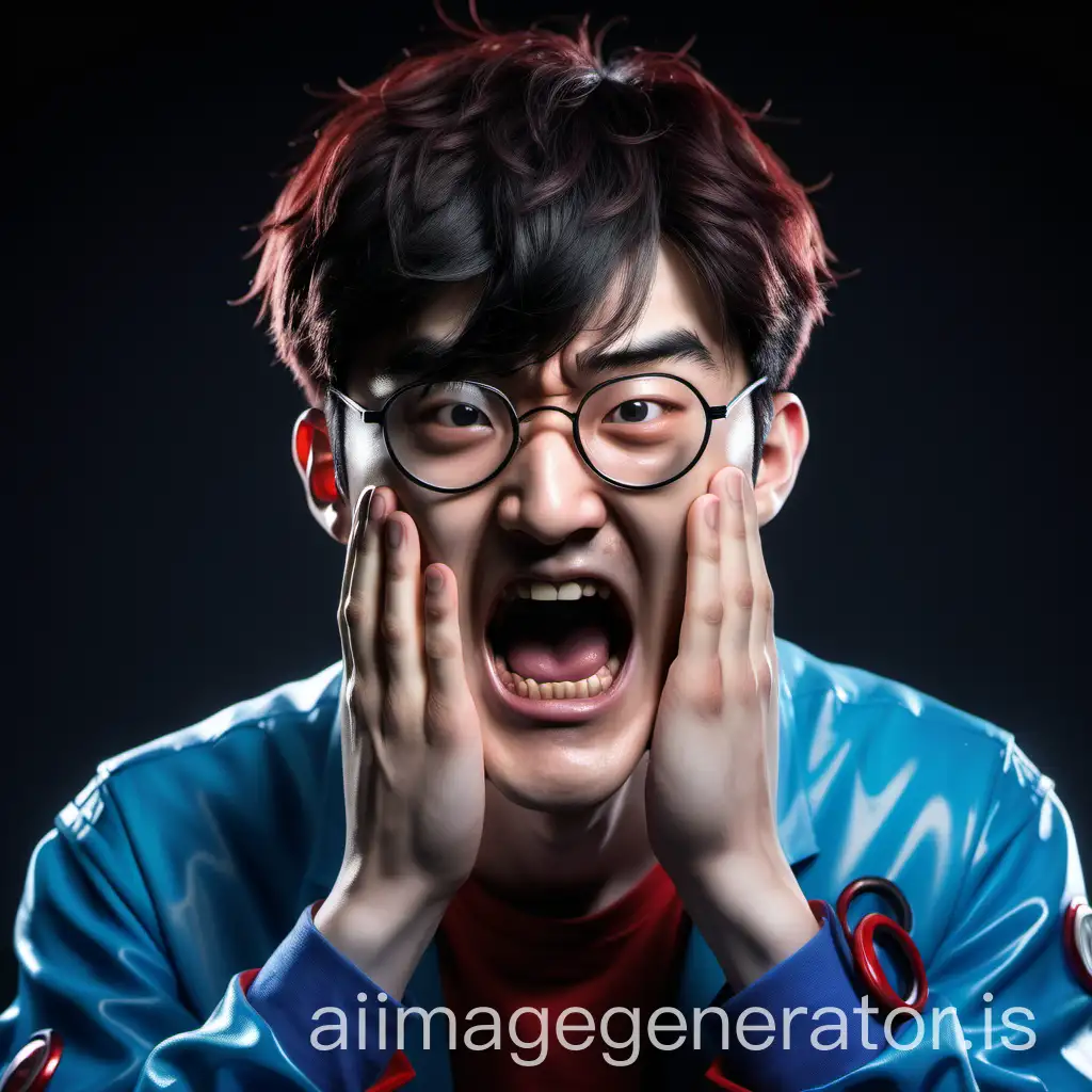 faker, the hero of league of legends, who is shocked   Realistic view, face on, he opens his mouth wide and he has hands on cheeks