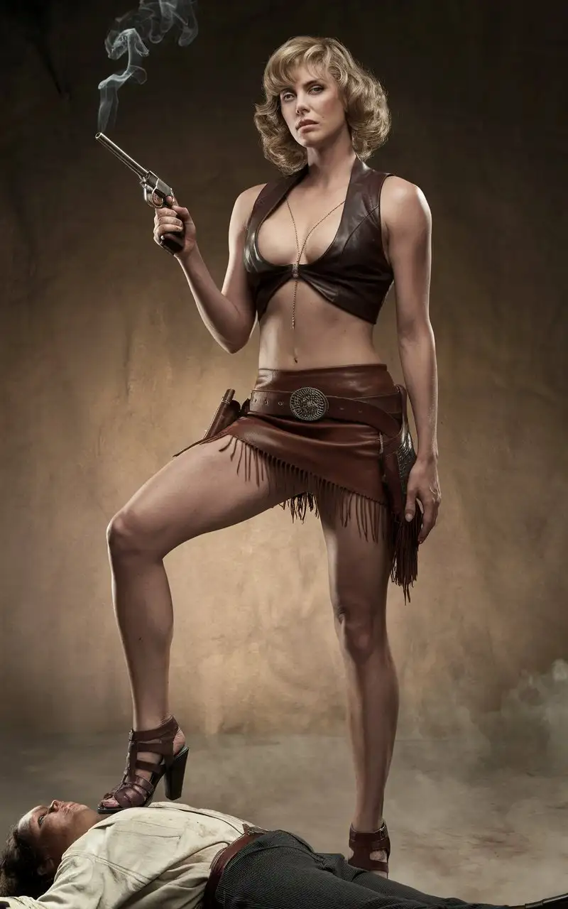 Powerful-Female-Cowgirl-Bandit-in-the-Wild-West-with-Smoking-Revolver