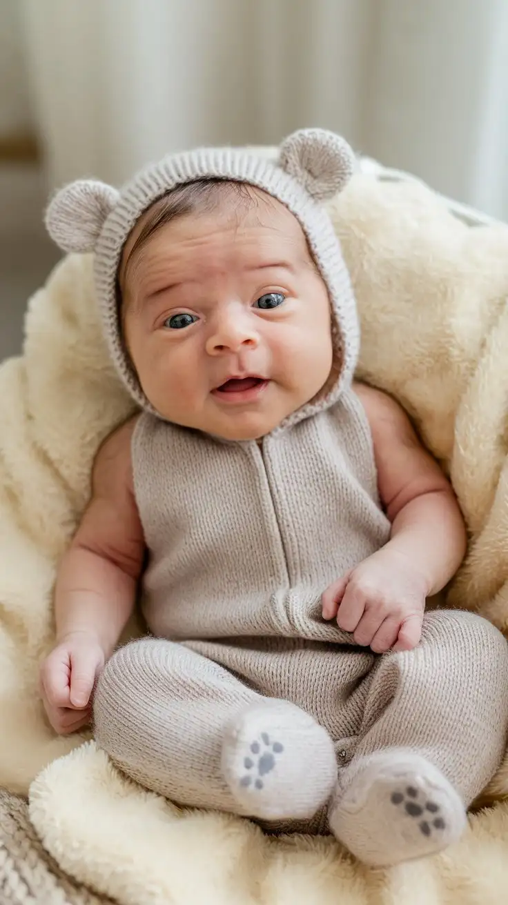 Close-up studio shot of a newborn baby boy, 1 month old, lying on his back on a soft cream-colored blanket, wearing a beige knitted romper with bear ears on the hood, tiny bear paw details on the feet, looking directly at the camera with wide, curious blue eyes, soft natural lighting, high detail, adorable, joyful