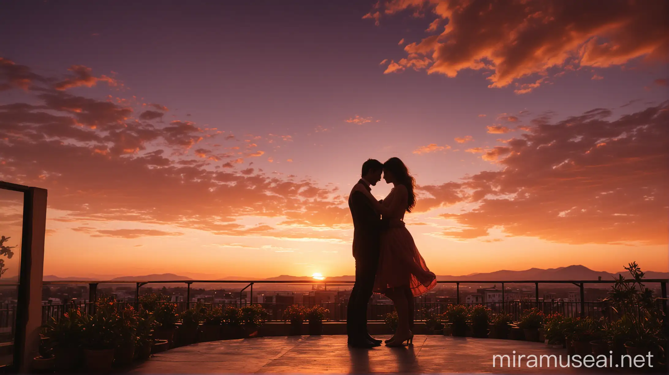 Romantic Couple Embracing at Sunset on Rooftop Terrace