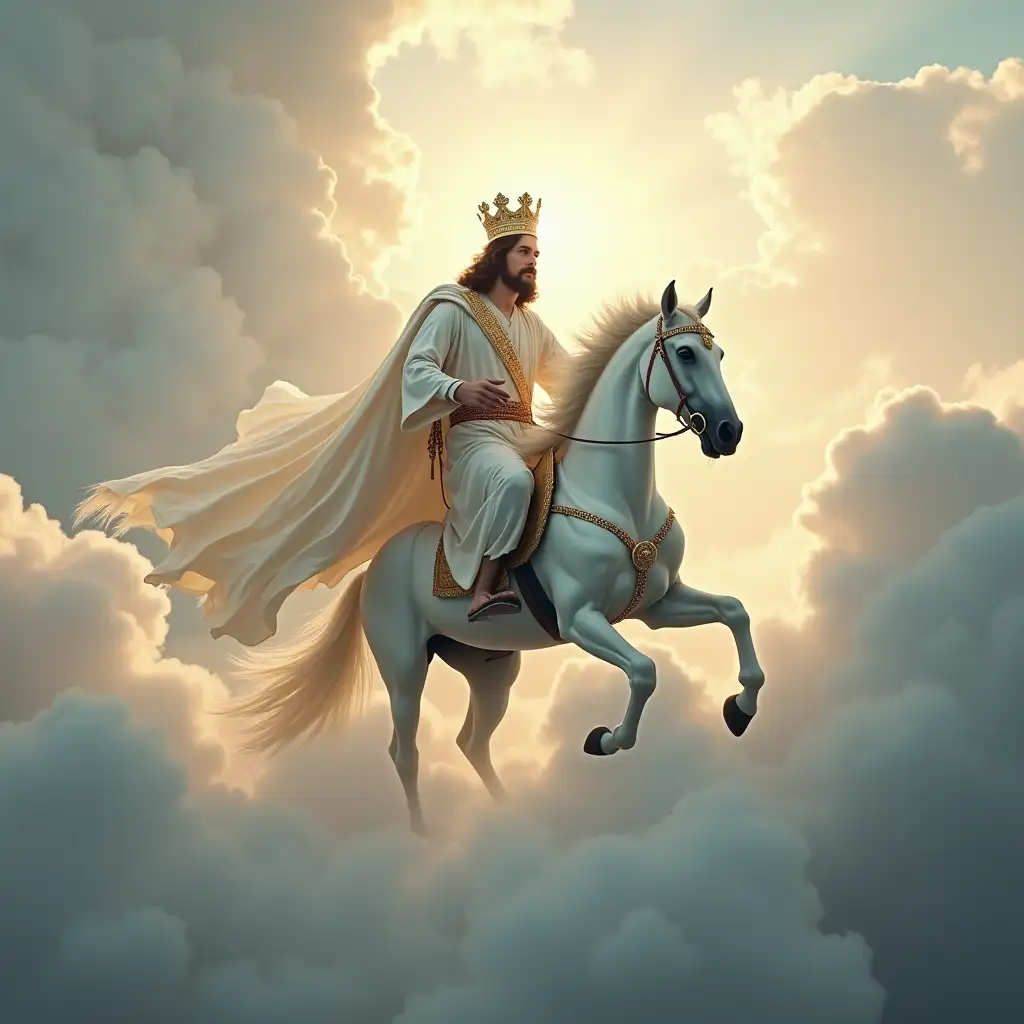 Jesus king on a white horse in the clouds