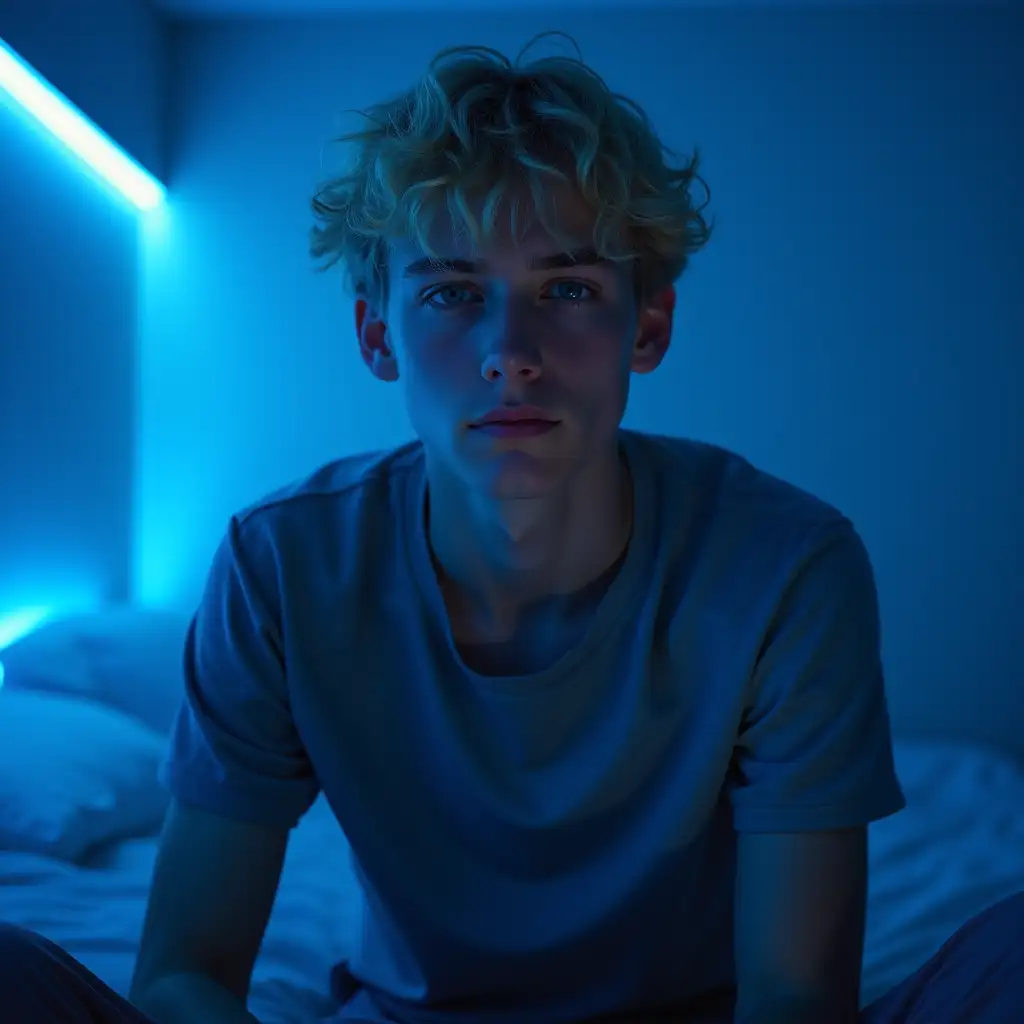 Teenage-Boy-Sitting-on-Bed-with-Blue-Neon-Lighting