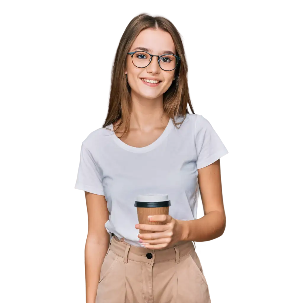 PNG-Image-of-a-Girl-with-Brown-Hair-and-Glasses-Drinking-Cappuccino-HighQuality-Versatile-Format