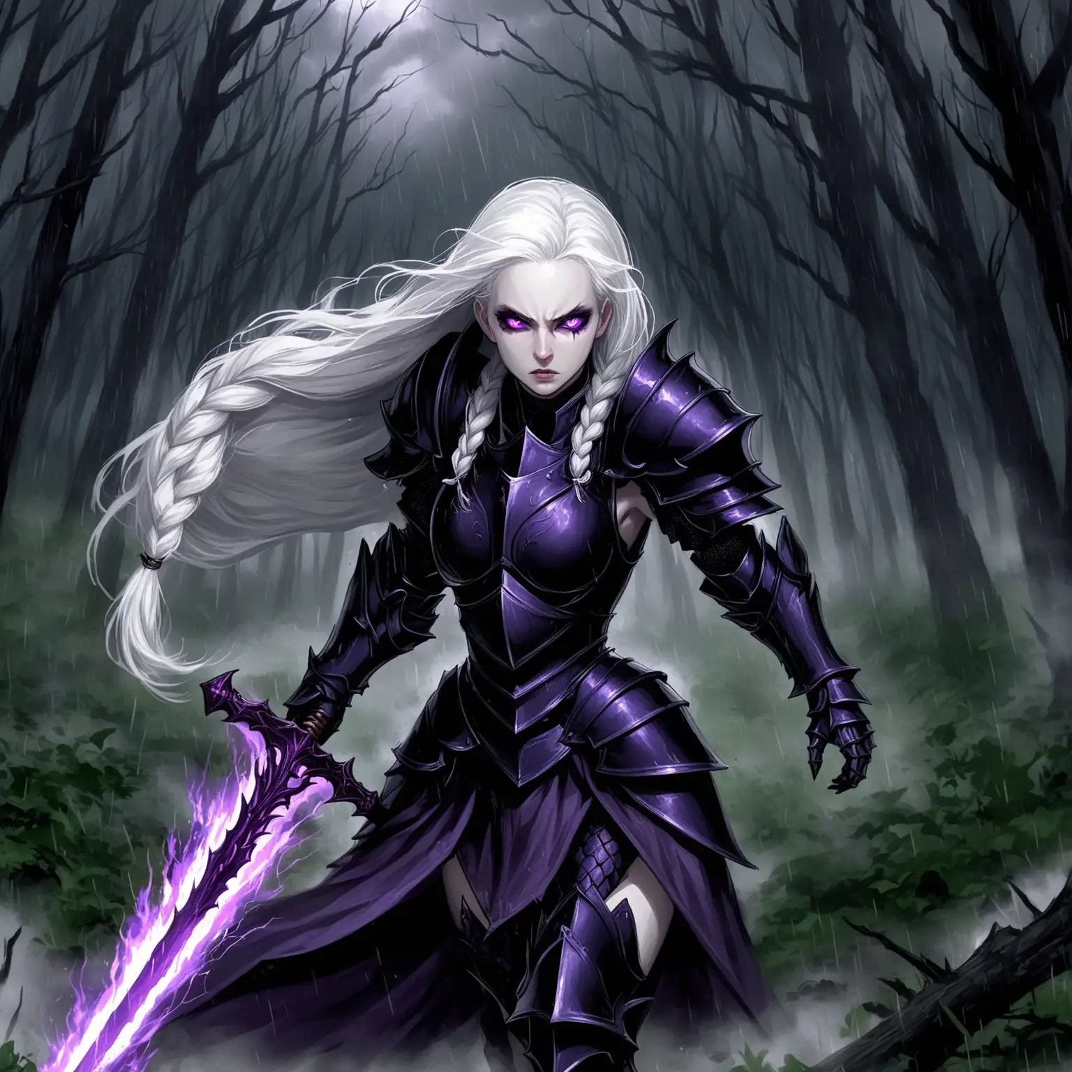 Pale-Woman-in-Black-Knight-Armor-with-Flaming-Sword-in-Stormy-Forest