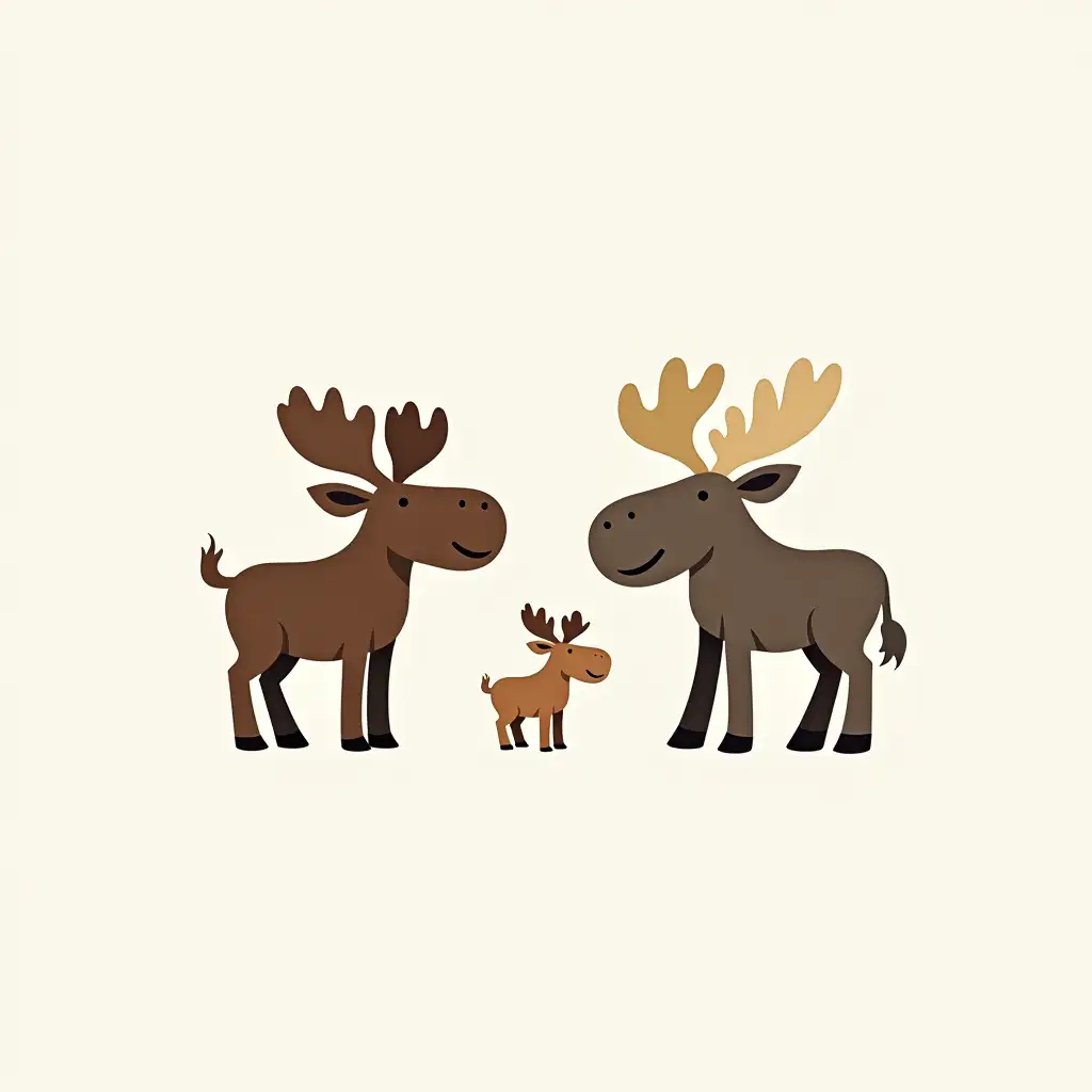 Draw a logo '3 moose - mom moose, dad moose, baby moose'. In the center, a little moose, and two adult mooses by the sides. Mom moose without antlers.