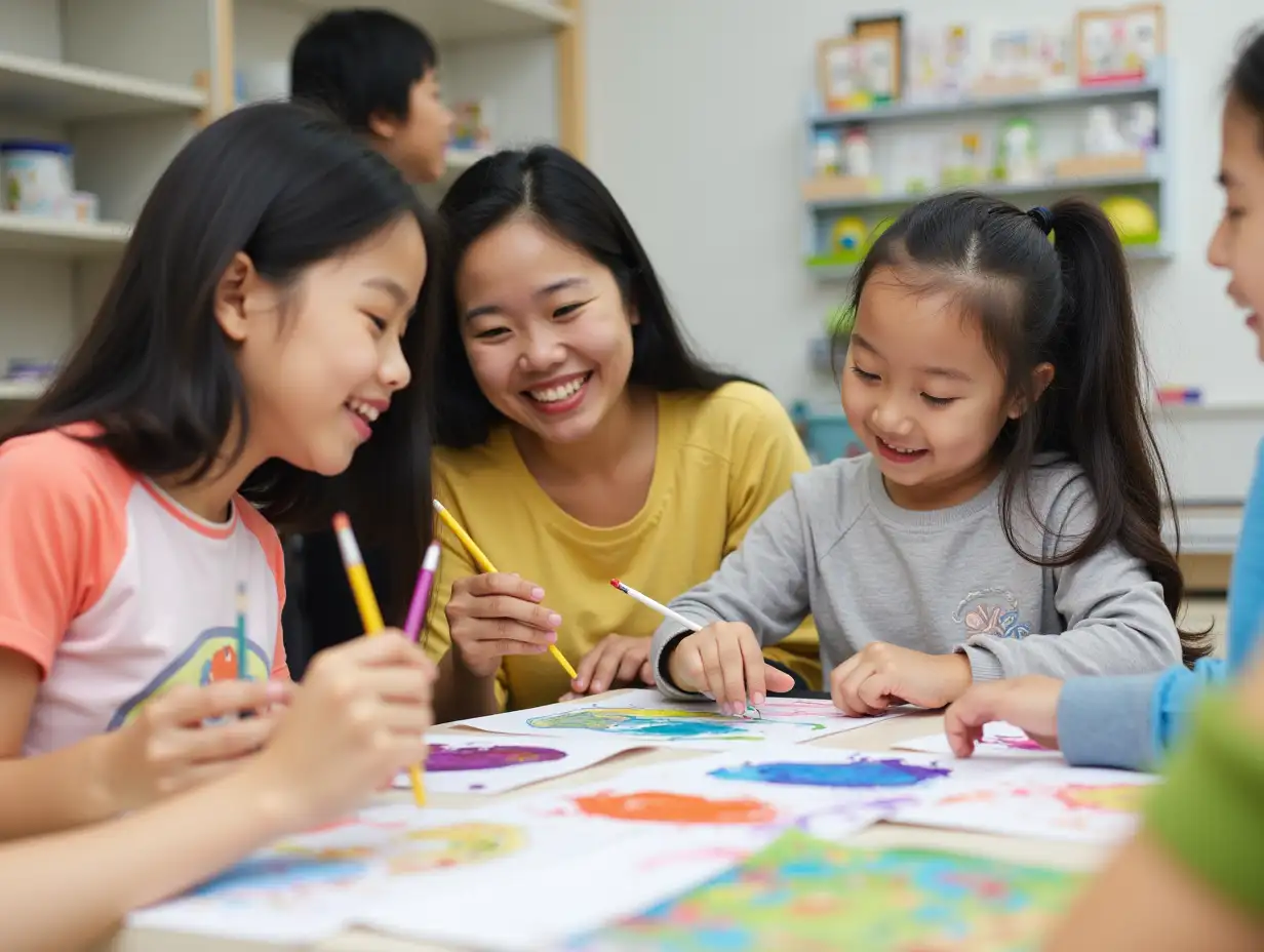 Asian women teaching art classes to children, sharing creative skills and fostering a supportive environment, with colorful artworks and happy participants.